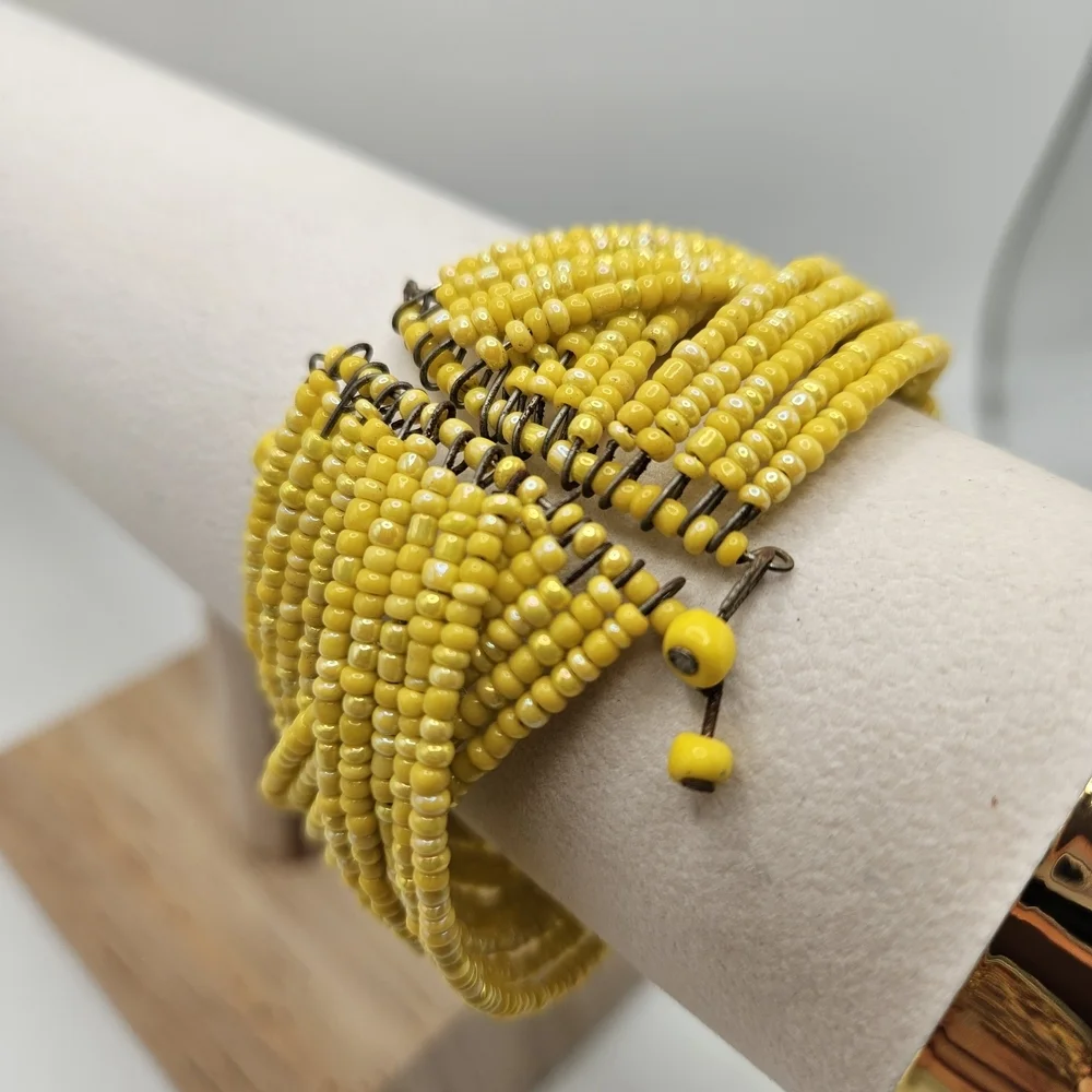 VINTAGE Woven Braided Yellow Glass Seed Bead Boho Memory Wire Cuff Bracelet